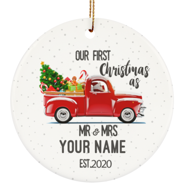 redirect 7 600x600px Our First Christmas As Mr & Mrs Personalized Ceramic Circle Ornament
