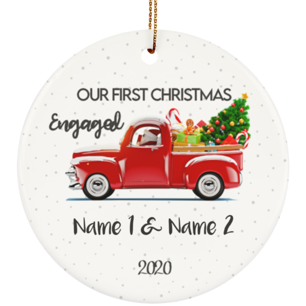 redirect 8 600x600px Our First Christmas Engaged Engagement Personalized Ceramic Circle Ornament