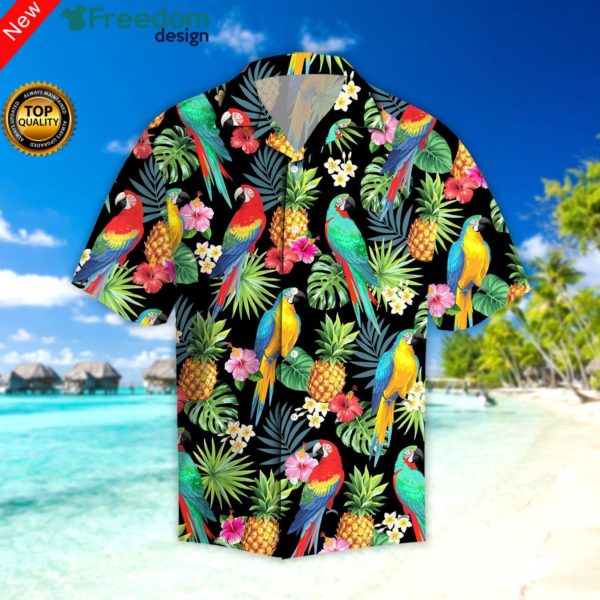 MockupHawaiifront 2000x 04d0557a 685d 47a8 86ee 1040e85a7354 600x600px Parrots Pineapples Hibiscus Tropical Hawaiian Shirt | Unisex