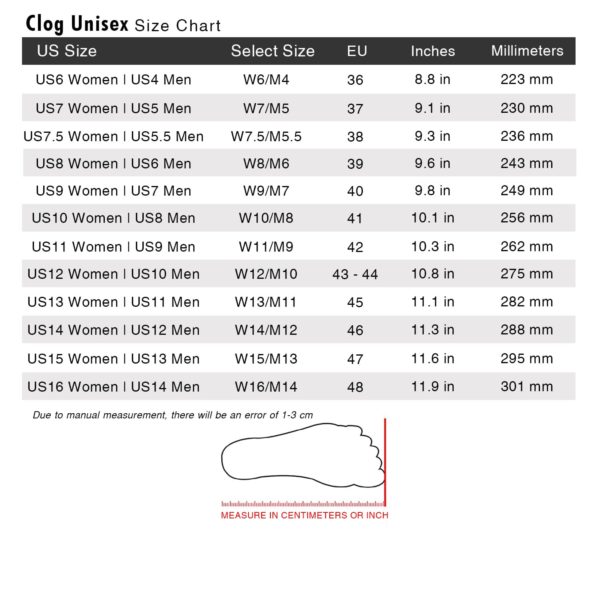 Clog Unisex Size Chart Updated 1500x1500 min 16 600x600px America Flag Baseball Vector Clog Shoes