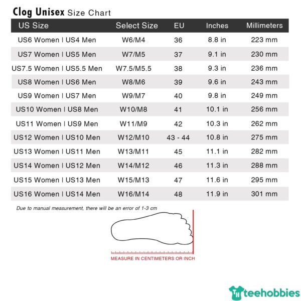 Clog Unisex Size Chart Updated 1500x1500 min 26 600x600px Miller Lite Clog Shoes Funny Gifts For Father's Day