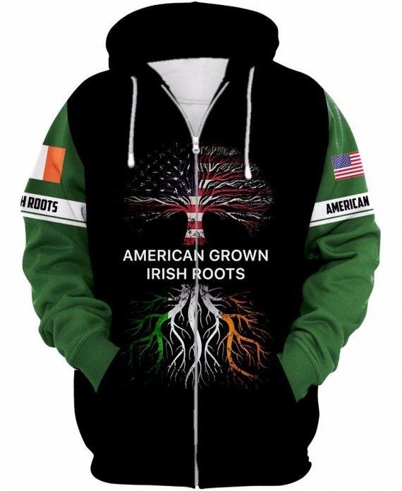 American Grown Irish Roots American Flag Hoodie Zip Hoodie - 3D Zip Hoodie - Green
