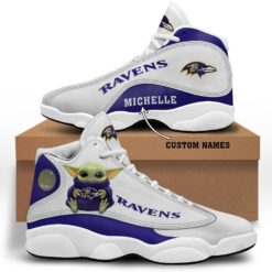 Baby Yoda Hug Baltimore Ravens Personalized Name Air Jordan 13 Shoes - Men's Air Jordan 13 - White