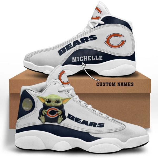 Baby Yoda Hug Chicago Bears Personalized Name Air Jordan 13 Shoes - Men's Air Jordan 13 - White