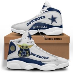 Baby Yoda Hug Dallas Cowboys Personalized Name Air Jordan 13 Shoes - Men's Air Jordan 13 - White