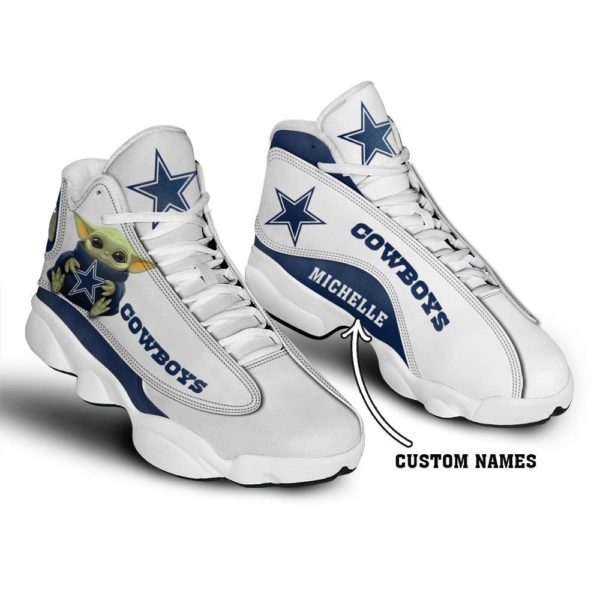 Baby Yoda Hug Dallas Cowboys Personalized Name Air Jordan 13 Shoes - Women's Air Jordan 13 - White
