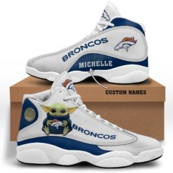 Baby Yoda Hug Denver Broncos Personalized Name Air Jordan 13 Shoes - Men's Air Jordan 13 - White