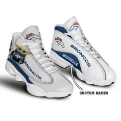 Baby Yoda Hug Denver Broncos Personalized Name Air Jordan 13 Shoes - Women's Air Jordan 13 - White