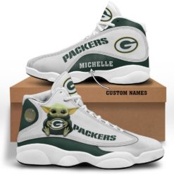 Baby Yoda Hug Green Bay Packers Personalized Name Air Jordan 13 Shoes - Men's Air Jordan 13 - White