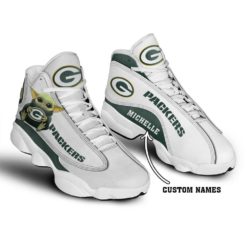 Baby Yoda Hug Green Bay Packers Personalized Name Air Jordan 13 Shoes - Women's Air Jordan 13 - White