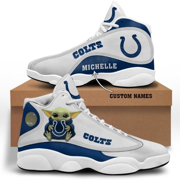 Baby Yoda Hug Indianapolis Colts Personalized Name Air Jordan 13 Shoes - Men's Air Jordan 13 - White