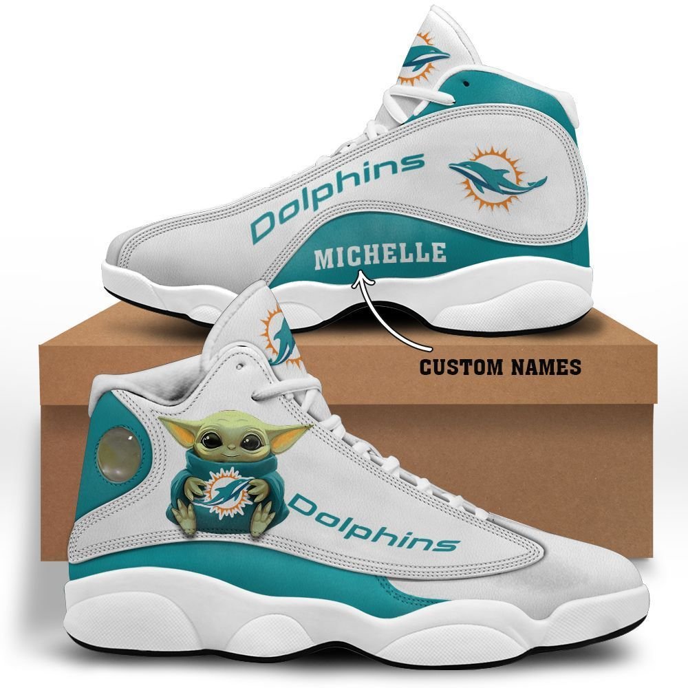 Baby Yoda Hug Miami Dolphins Personalized Name Air Jordan 13 Shoes - Men's Air Jordan 13 - White