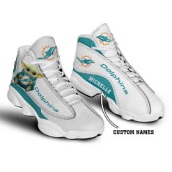 Baby Yoda Hug Miami Dolphins Personalized Name Air Jordan 13 Shoes - Women's Air Jordan 13 - White