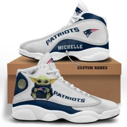 Baby Yoda Hug New England Patriots Personalized Name Air Jordan 13 Shoes - Men's Air Jordan 13 - White