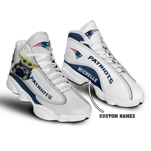 Baby Yoda Hug New England Patriots Personalized Name Air Jordan 13 Shoes - Women's Air Jordan 13 - White