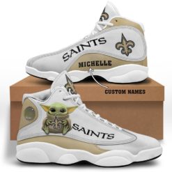 Baby Yoda Hug New Orleans Saints Personalized Name Air Jordan 13 Shoes - Men's Air Jordan 13 - White