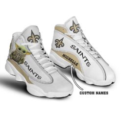 Baby Yoda Hug New Orleans Saints Personalized Name Air Jordan 13 Shoes - Women's Air Jordan 13 - White