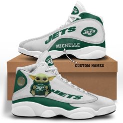 Baby Yoda Hug New York Jets Personalized Name Air Jordan 13 Shoes - Men's Air Jordan 13 - White