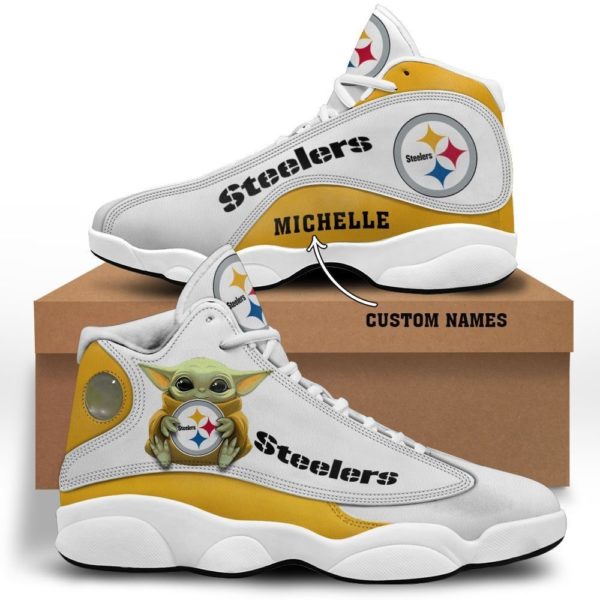 Baby Yoda Hug Pittsburgh Steelers Personalized Name Air Jordan 13 Shoes - Men's Air Jordan 13 - White