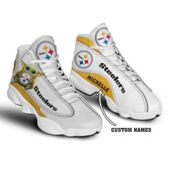 Baby Yoda Hug Pittsburgh Steelers Personalized Name Air Jordan 13 Shoes - Women's Air Jordan 13 - White