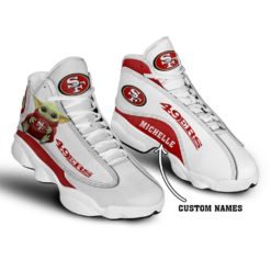 Baby Yoda Hug San Francisco 49ers Personalized Name Air Jordan 13 Shoes - Women's Air Jordan 13 - White