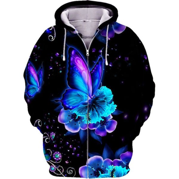Glowing Butterfly Beautiful Animal Hippie 3D Shirt - 3D Zip Hoodie - Black