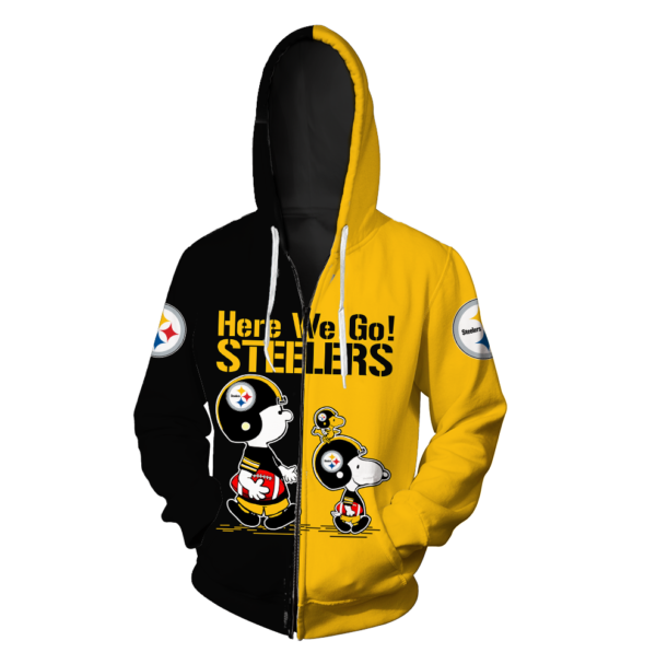 Here We Go! Pittsburgh Steelers Cute Snoopy 3D Shirt - 3D Zip Hoodie - Yellow