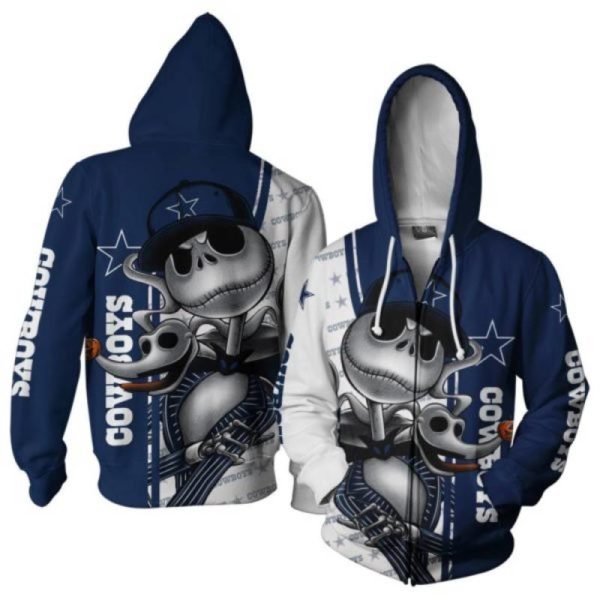 Jack skellington And Zero Dallas Cowboys 3D Hoodie 3D Zip Hoodie - 3D Zip Hoodie - Navy Blue