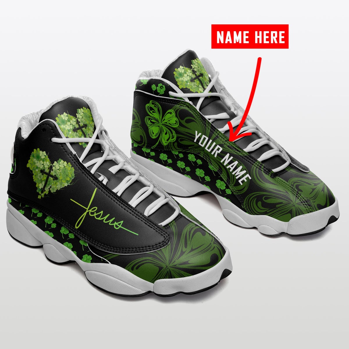 Jesus Personalized Name Green Cross Patrick's Day Air Jordan 13 Shoes - Men's Air Jordan 13 - Green