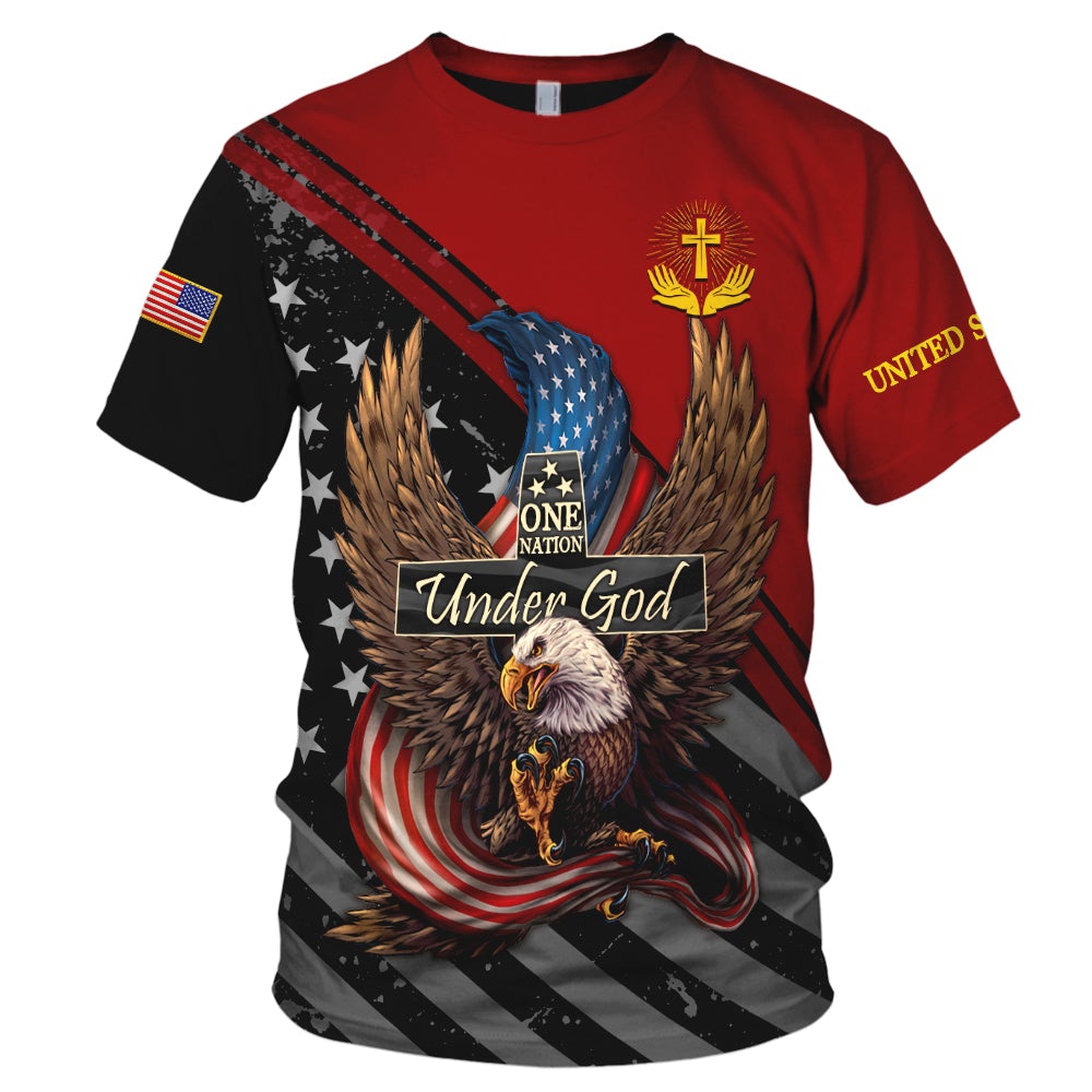 One Nation Under God Eagle American Flag 3D All Over Print Shirt - 3D T-Shirt - Red