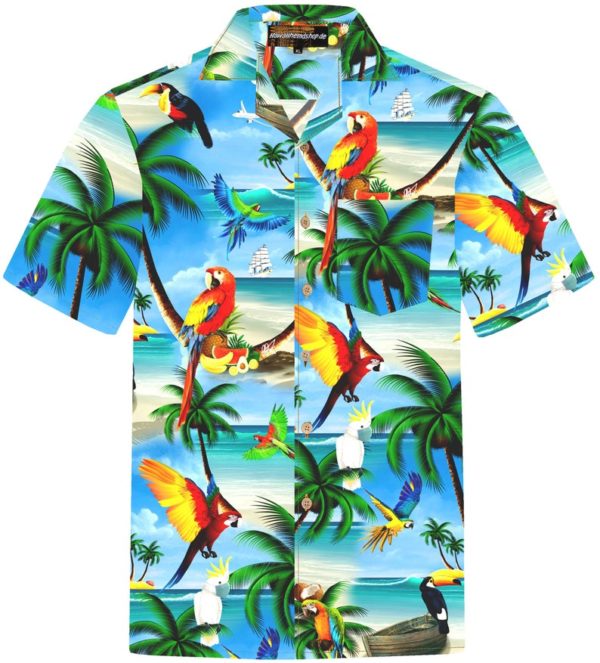 Parrots Island Funny Hawaiian Shirt - Short-Sleeve Hawaiian Shirt - Blue