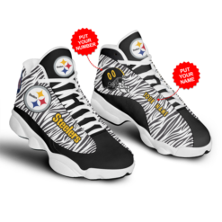 Pittsburgh Steelers Logo & Helmet Printed Air Jordan 13 Shoes Personalized Name - Women's Air Jordan 13 - White