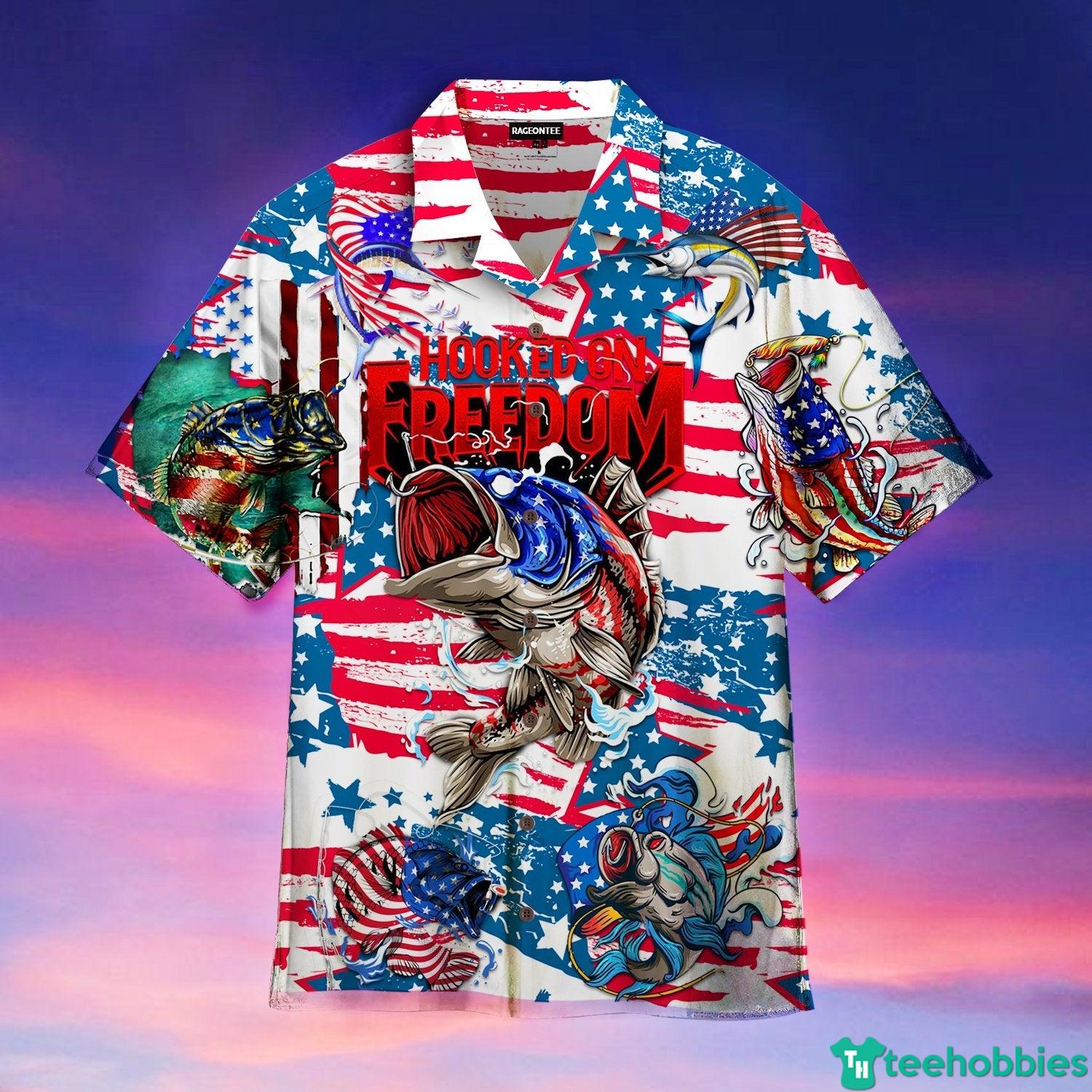 American Flag Fishing Hooked On Freedom Fishing Lover Hawaiian Shirt - Hawaiian Shirt - Red