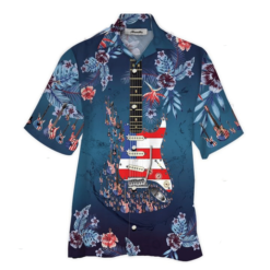 American Guitarist Blue Tropical Flower Hawaiian Shirt - Hawaiian Shirt - Navy Blue