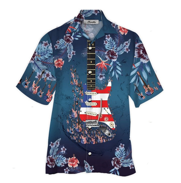 American Guitarist Blue Tropical Flower Hawaiian Shirt - Hawaiian Shirt - Navy Blue