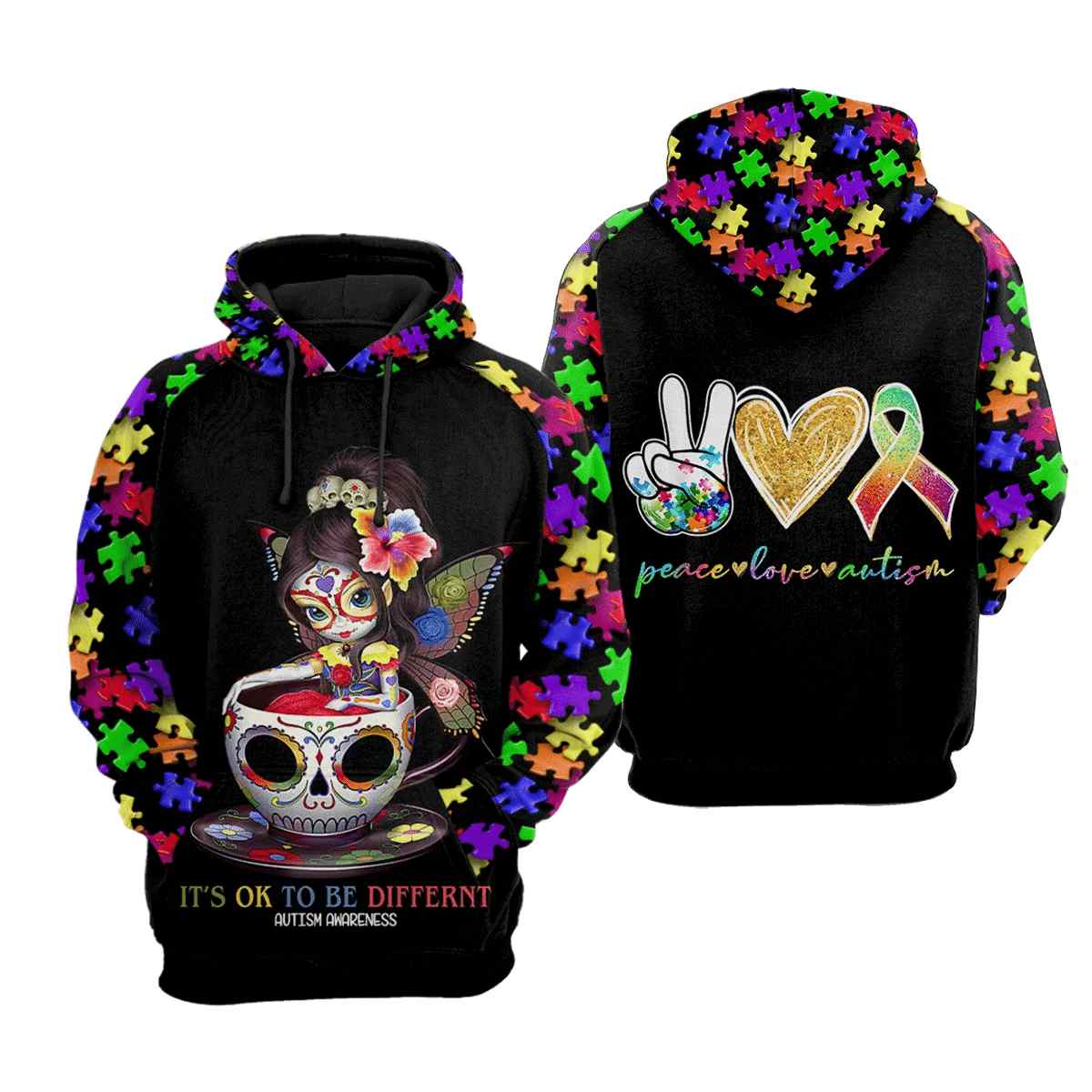 Autism Awareness Peace Love Autism It Is Ok To Be Different 3D Hoodie All Over Print 3D Hoodie - 3D Hoodie - Black