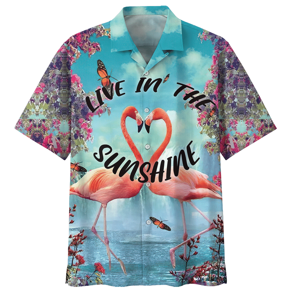 Couple Flamingo Live In The Sunshine Hawaiian Shirt - Hawaiian Shirt - Blue