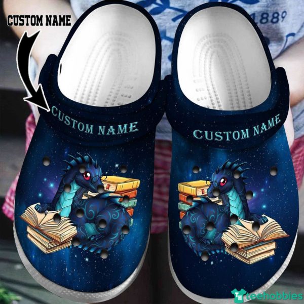 Custom Name Book Dragon Book Lover Clog Shoes - Clog Shoes - Navy