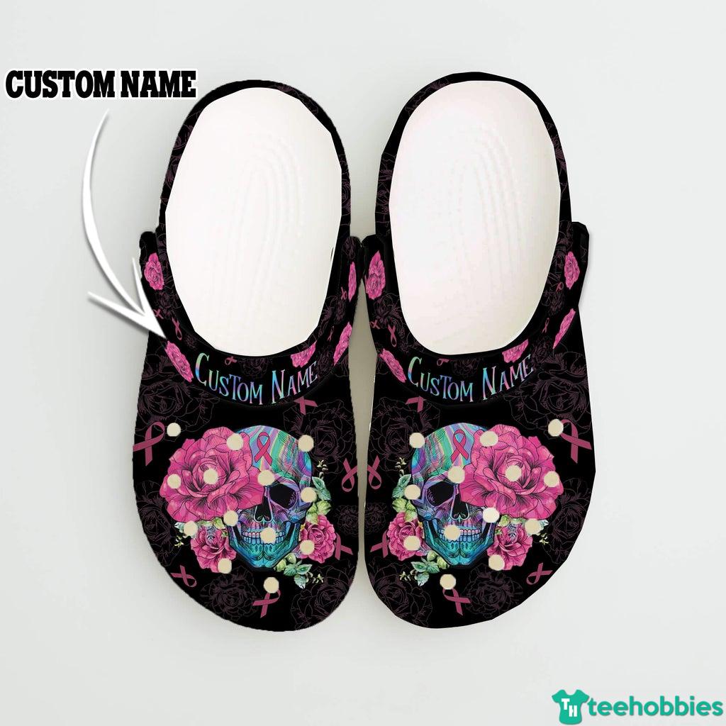 Custom Name Skull Breast Cancer Flowers Ripon Clog Shoes - Clog Shoes - Black