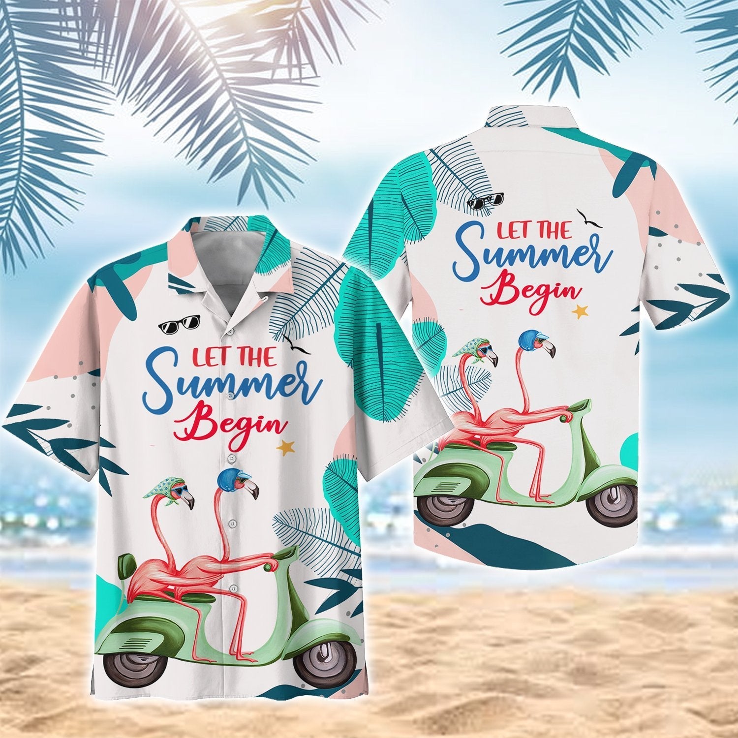 Flamingo Couple Ride Motobike Let The Summer Begin Hawaiian Shirt - Hawaiian Shirt - White