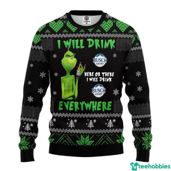 Grinch I Will Drink Busch Beer Everywhere Busch Light Sweater - AOP Sweater - Black