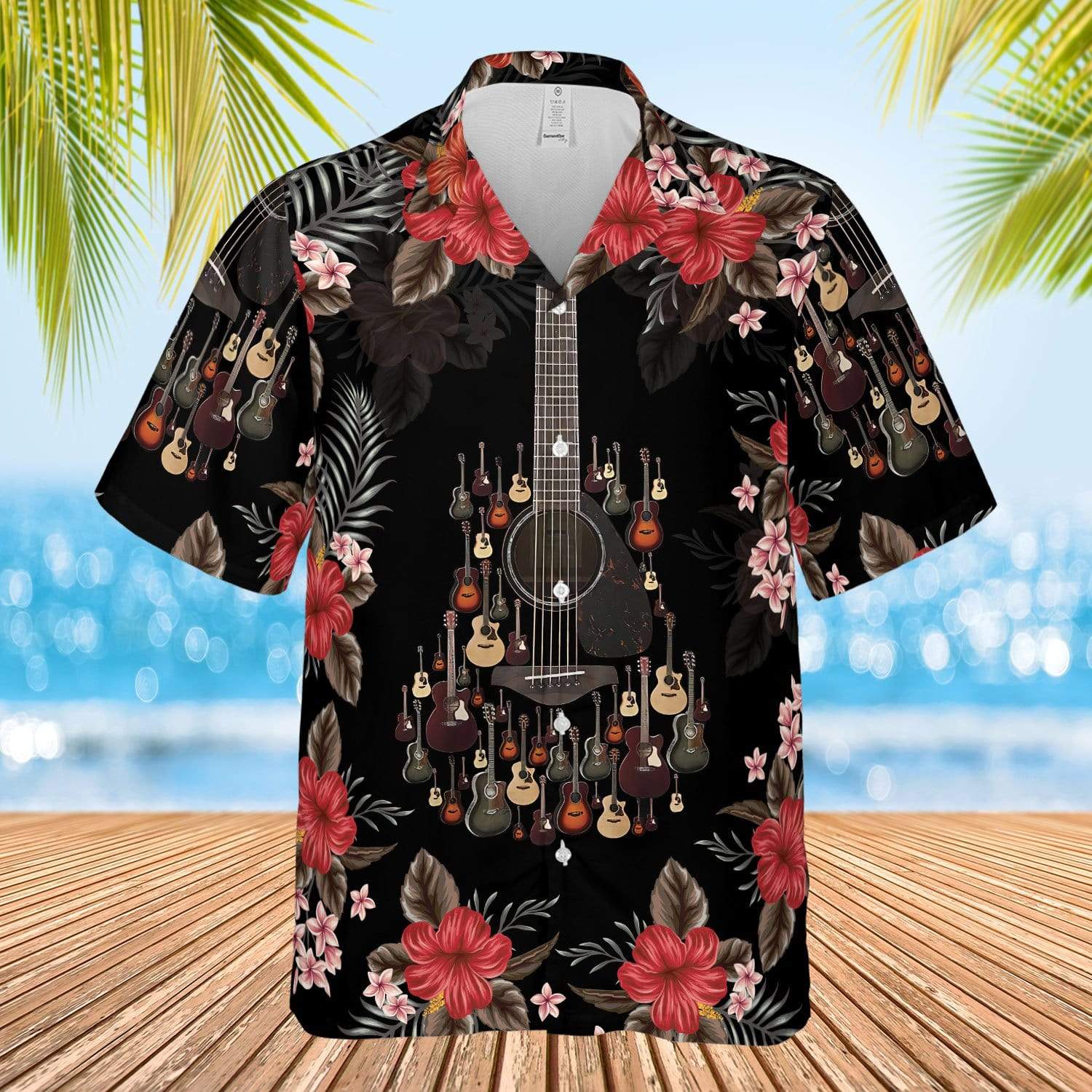 Guitar Amazing Guitar Combine Red Black Floral Hawaiian Shirt - Hawaiian Shirt - Black