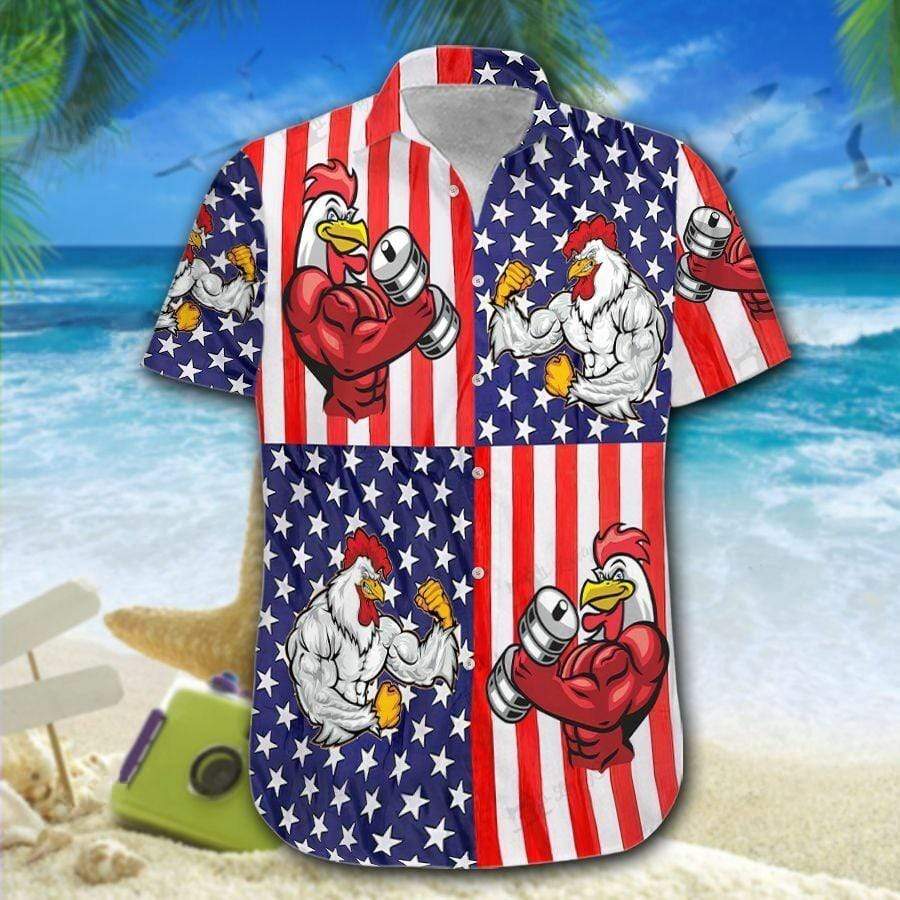Gym Rooster Fight American Flag Hawaiian Shirt - Hawaiian Shirt - Red