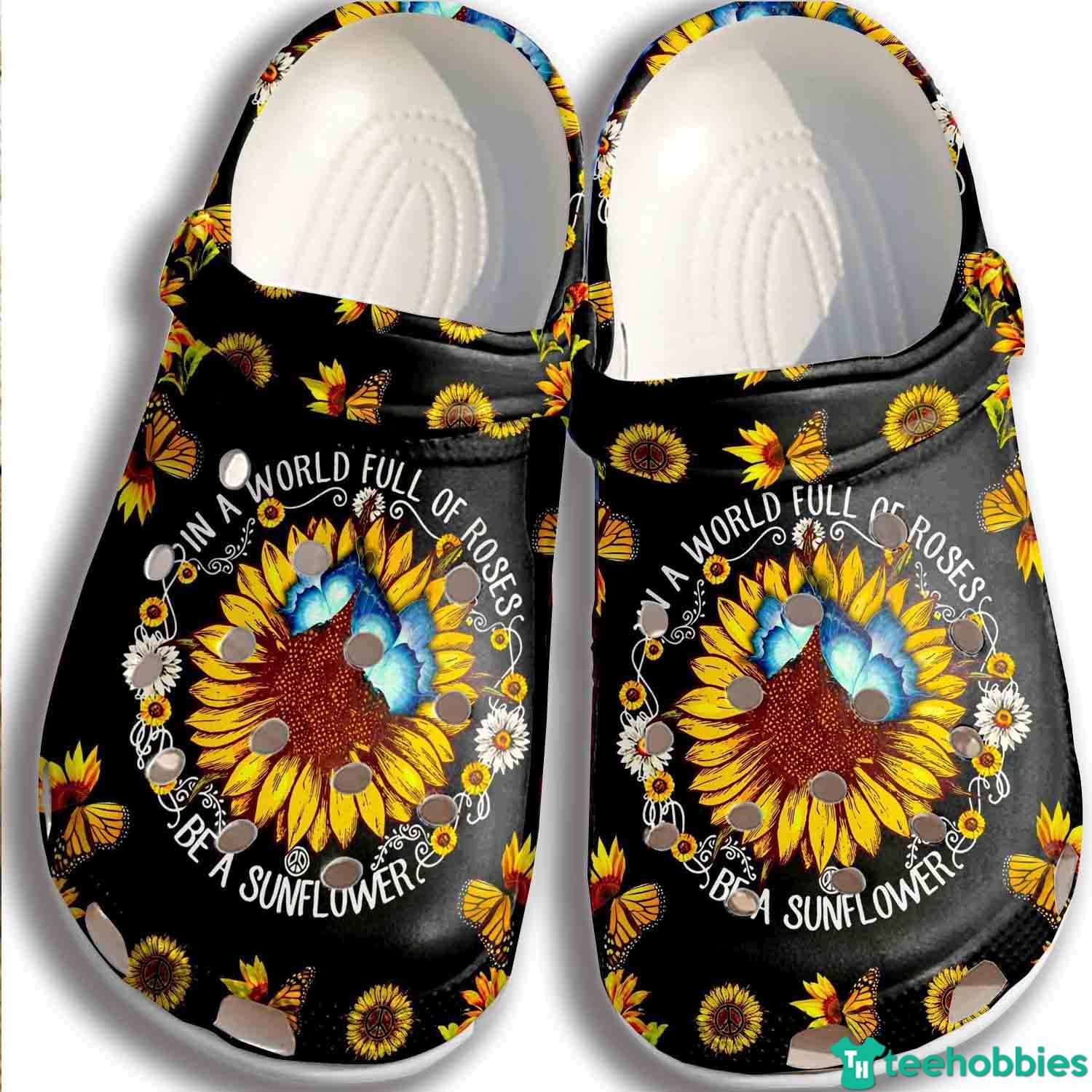 In A World Full Of Roses Be A Sunflower Butterfly Hippie Clog Shoes photo