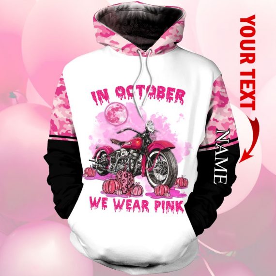Personalized Name Breast Cancer Awareness Halloween Gift Racing Gift In October We Wear Pink Hoodie - 3D Hoodie - Pink