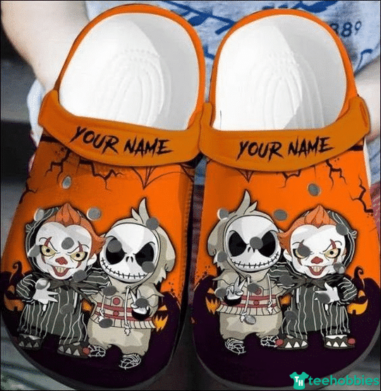 Personalized Name Jack Skellington And Pennywise Clog Shoes - Clog Shoes - Orange