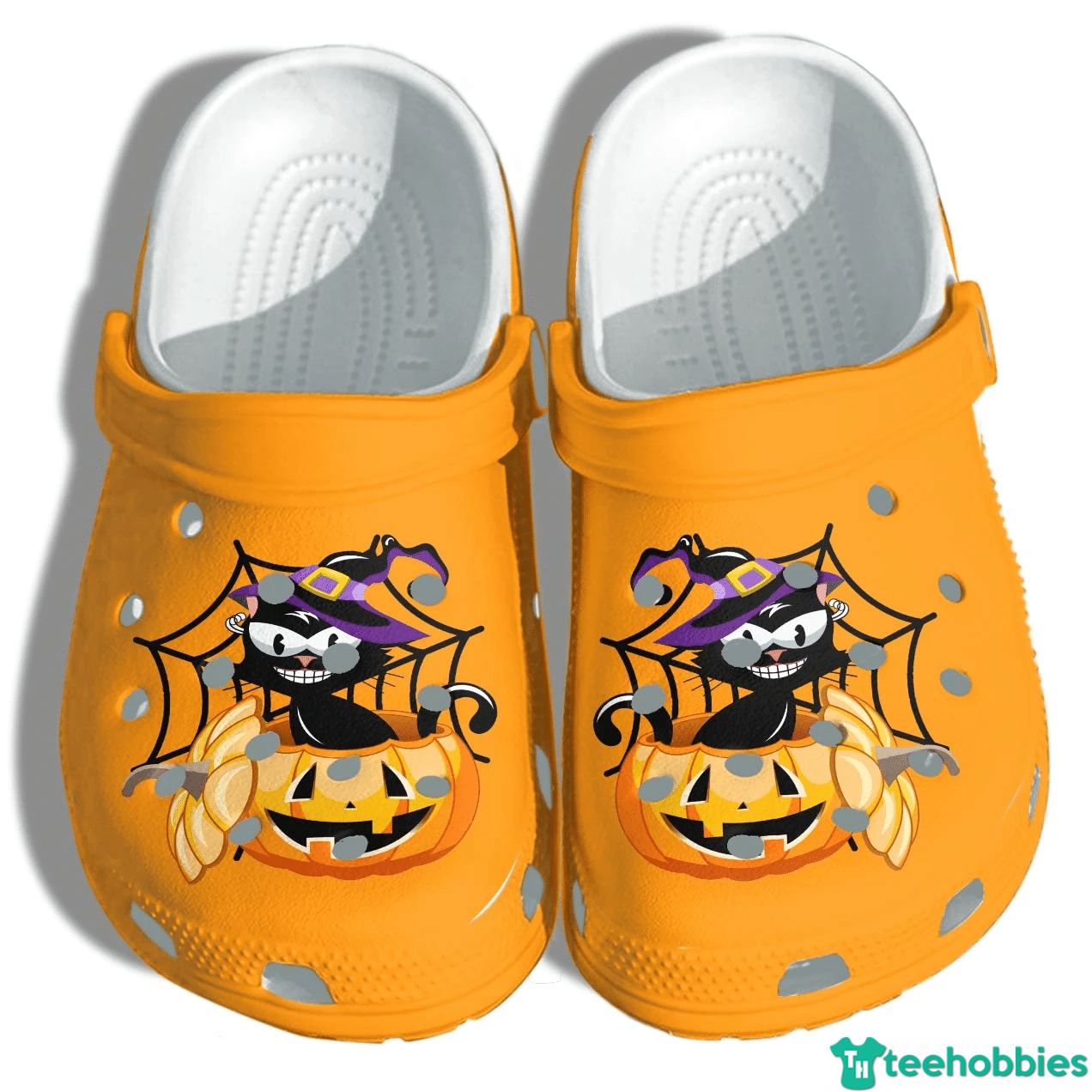 Pumpkin Black Cat Halloween Clog Shoes - Clog Shoes - Orange