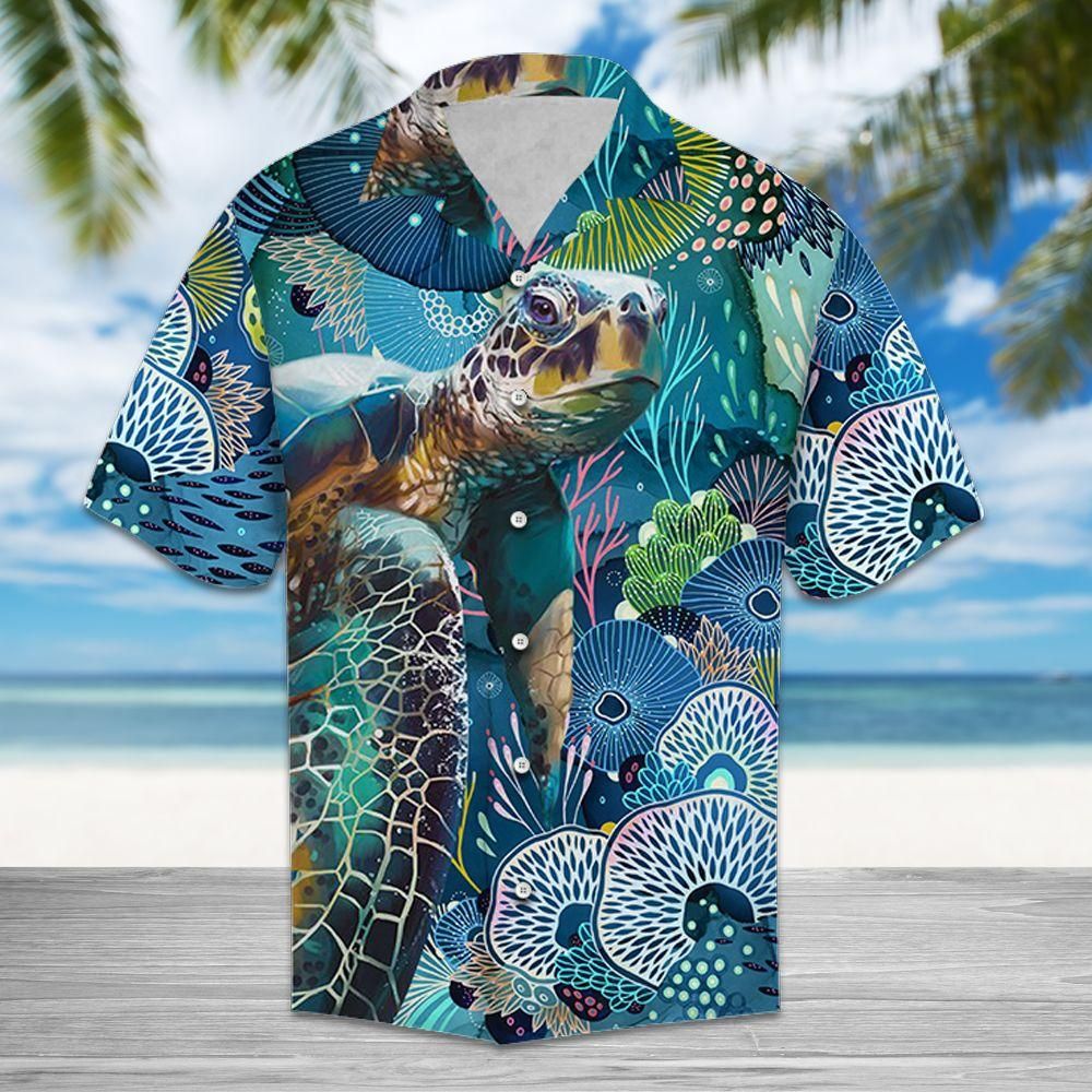 Turtle Coral Aloha Summer Beach Hawaiian Shirt - Hawaiian Shirt - Blue