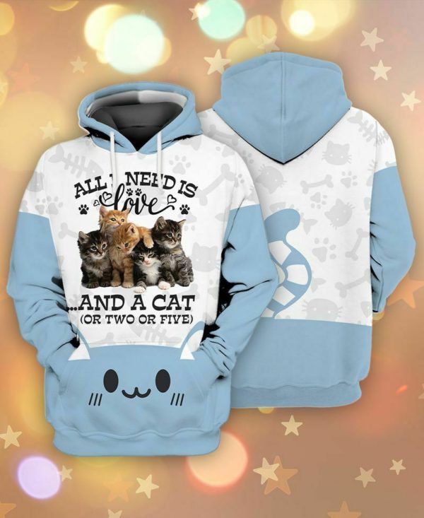 All I Need Is Love And A Cat All Over Print 3D Hoodie - 3D Hoodie - Light Blue