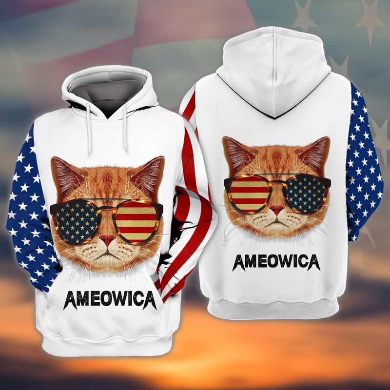 American Flag Ameowica Cat Lovers All Over Print 3D Hoodie - 3D Hoodie - White